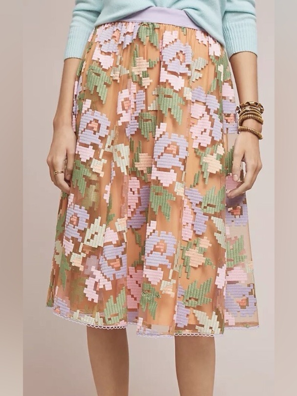 Maeve by Anthropologie Pixilated Tulle Midi Skirt with Floral Appliqué